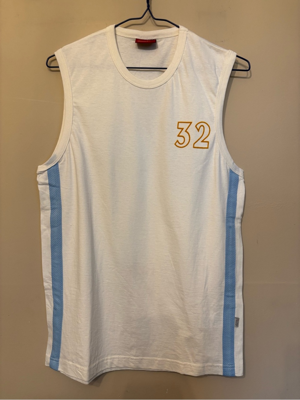 Men's White Tank with Light Blue Stripes and Gold '32'